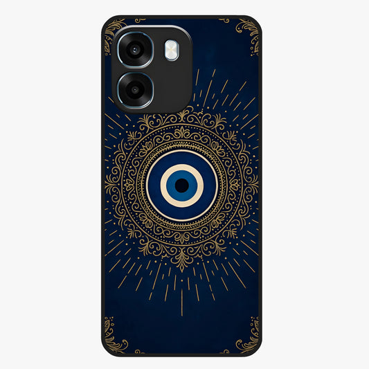 Golden Evil Eye Mandala Glass Case showing flat back view with intricate evil eye mandala artwork and glossy glass finish.