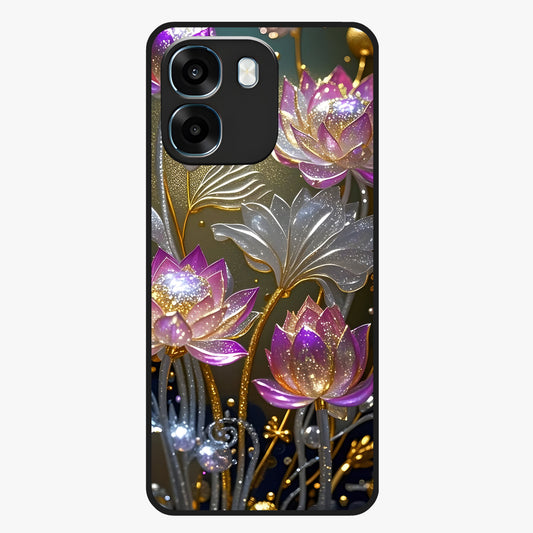 Golden Lotus Glow Glass Case showing flat back view with glowing lotus flower artwork and glossy glass finish.