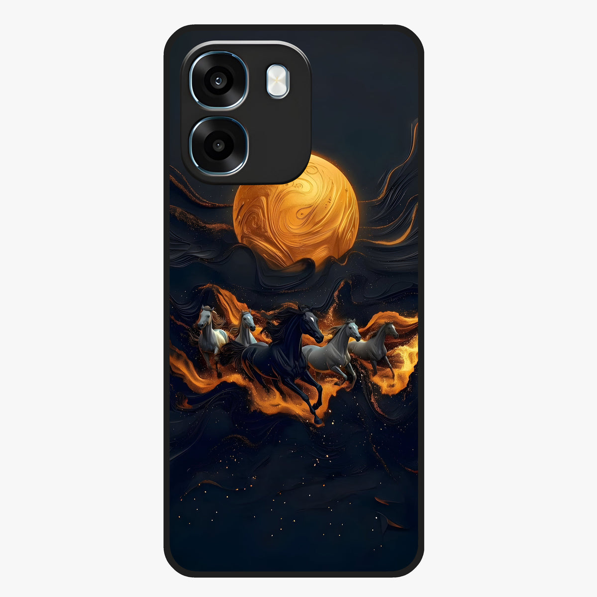 Golden Stallion Moonride Glass Case showing flat back view with majestic horse under moonlight artwork and glossy glass finish.