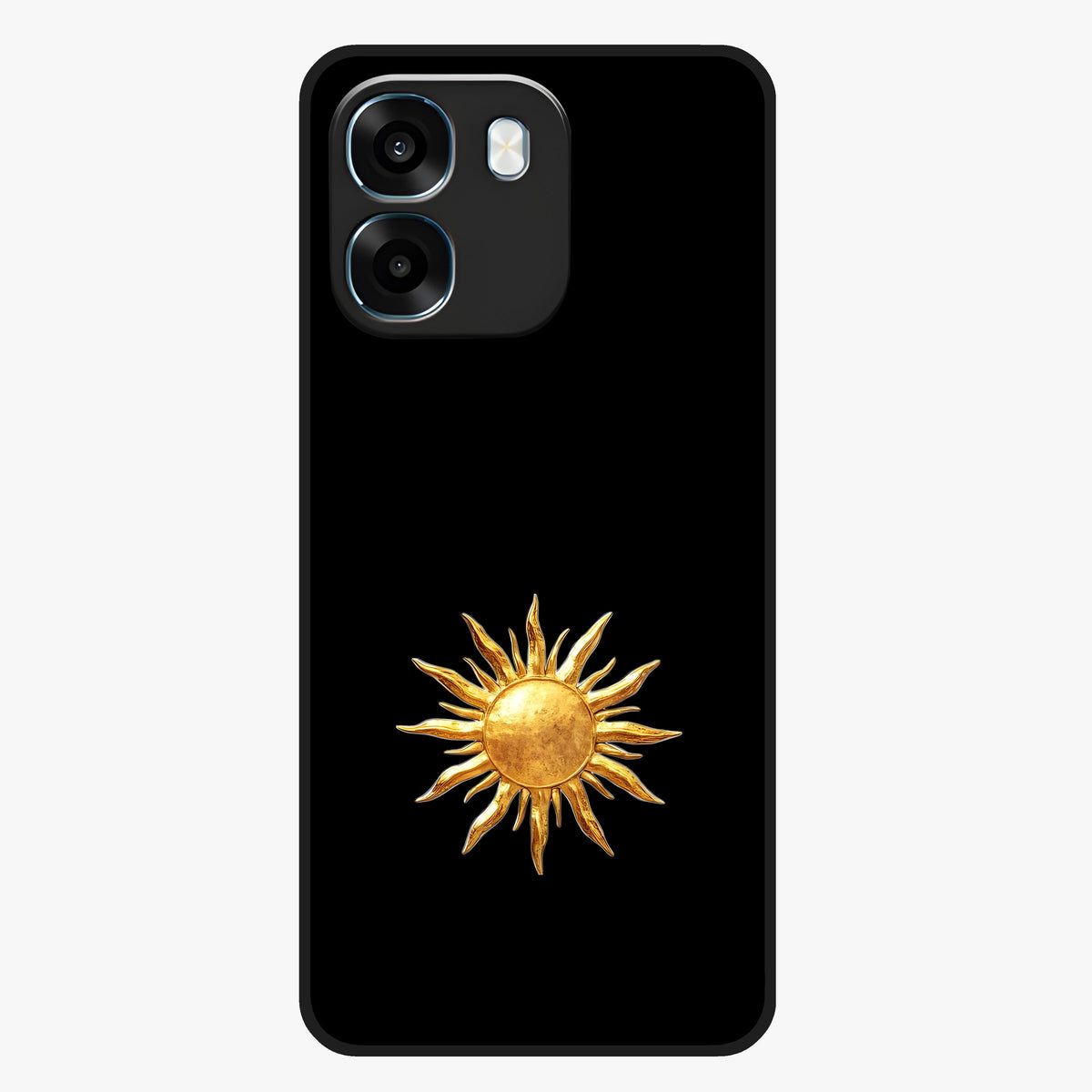 Golden Sun Minimalism Glass Case showing flat back view with minimal golden sun artwork and glossy glass finish.