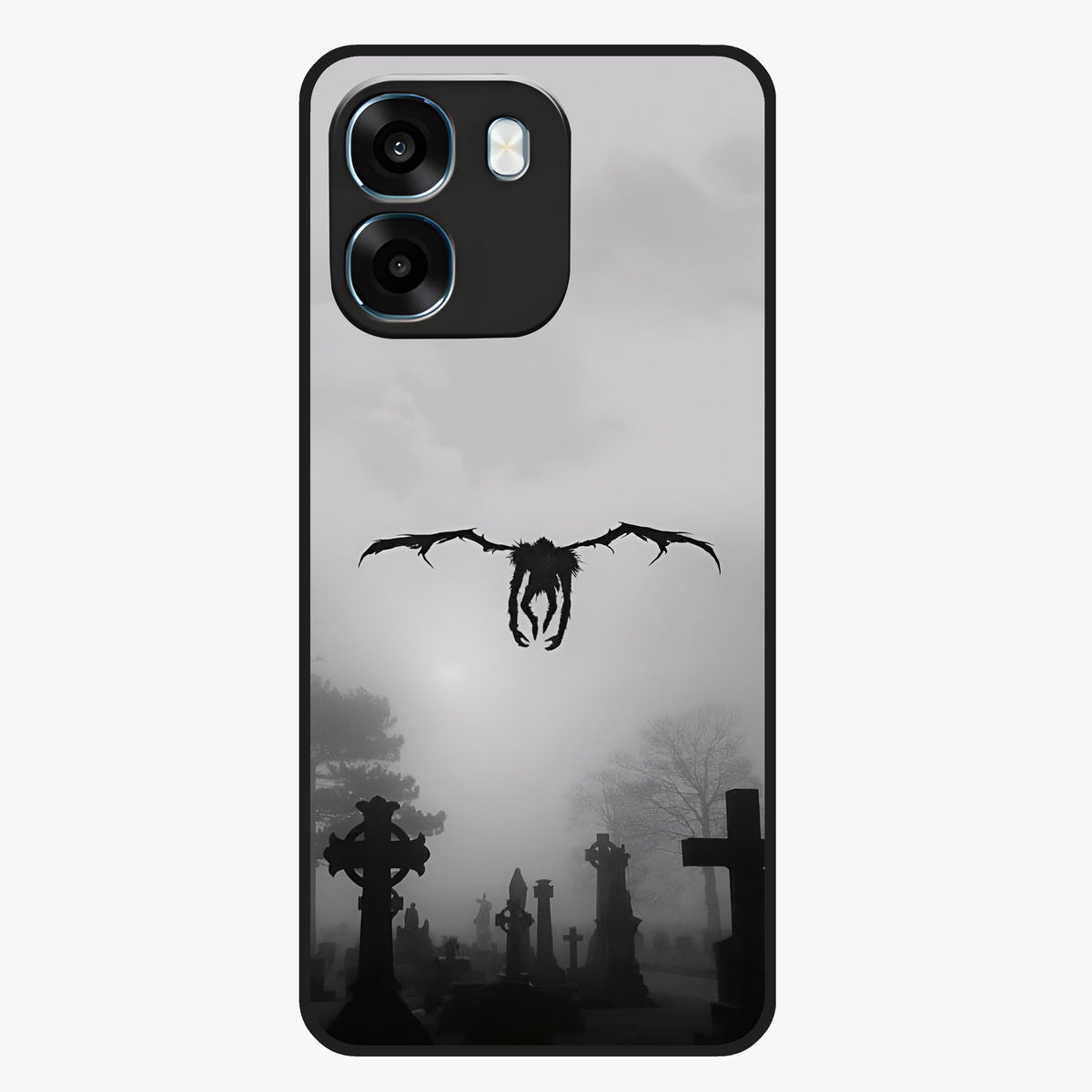Graveyard Shadow Descent Glass Case showing flat back view with dark graveyard themed artwork and glossy glass finish.