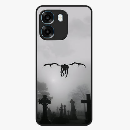 Graveyard Shadow Descent Glass Case showing flat back view with dark graveyard themed artwork and glossy glass finish.