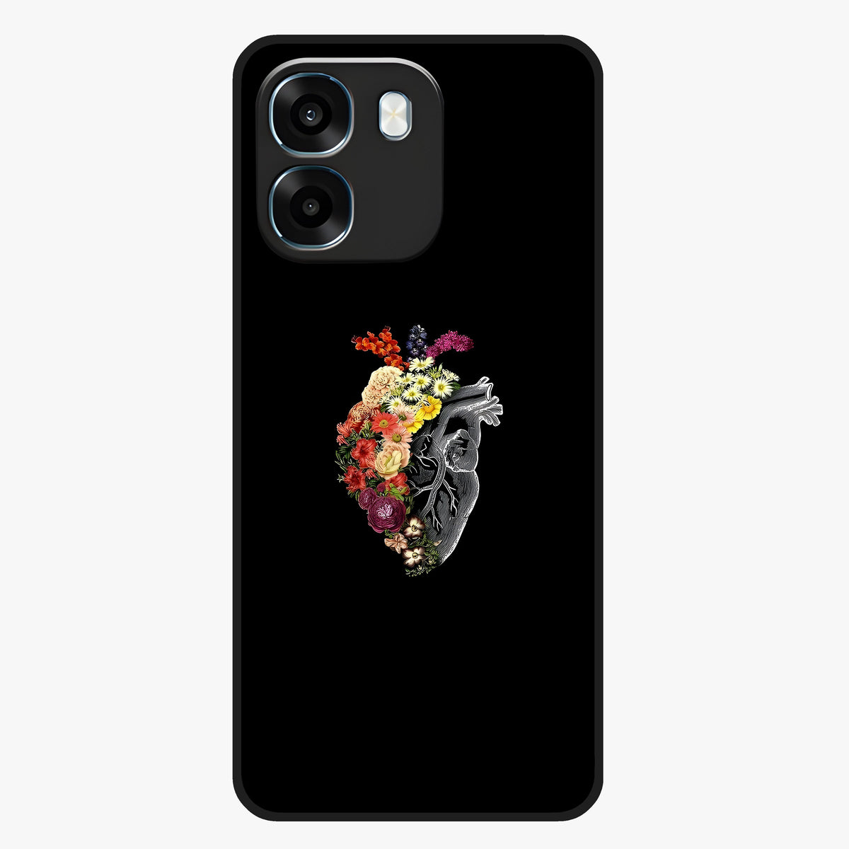 Heart With Flowers Glass Case showing flat back view with heart shaped floral artwork and glossy glass finish.