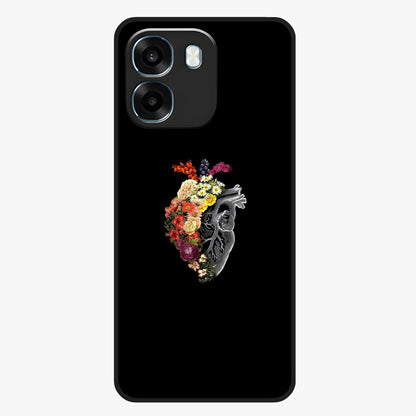 Heart With Flowers Glass Case showing flat back view with heart shaped floral artwork and glossy glass finish.