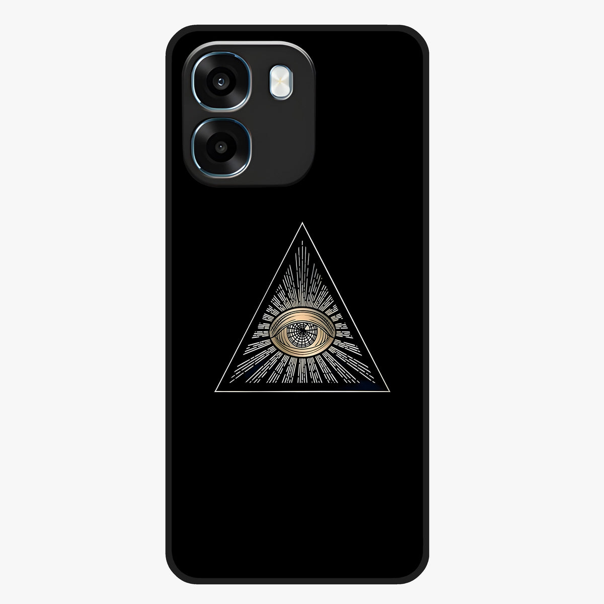 Illuminati Evil Glass Case showing flat back view with mysterious illuminati symbol artwork and glossy glass finish.
