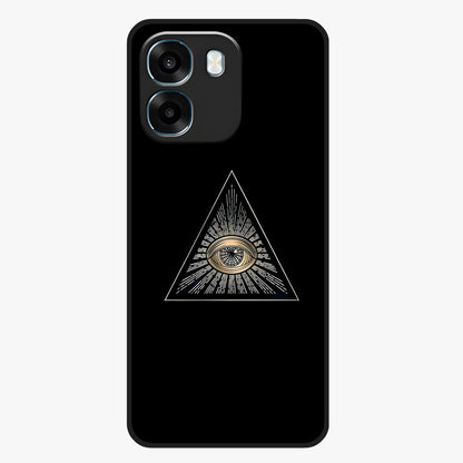Illuminati Evil Glass Case showing flat back view with mysterious illuminati symbol artwork and glossy glass finish.