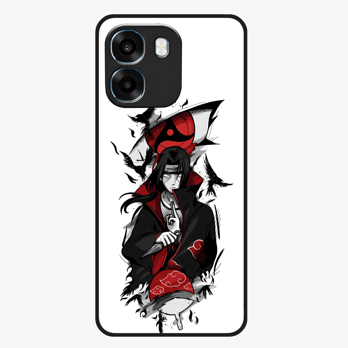 Itachi Sharingan Glass Case showing flat back view with powerful anime eye artwork and glossy glass finish.