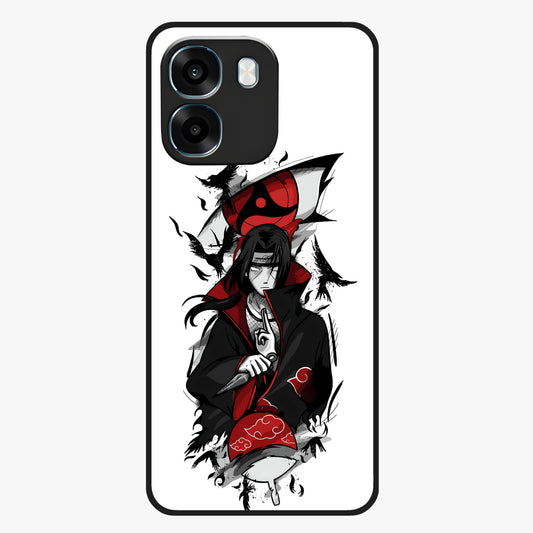 Itachi Sharingan Glass Case showing flat back view with powerful anime eye artwork and glossy glass finish.
