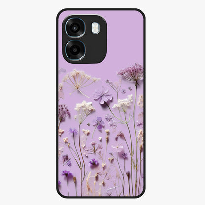 Lavender Blossom Dream Glass Case showing flat back view with soft lavender floral artwork and glossy glass finish.