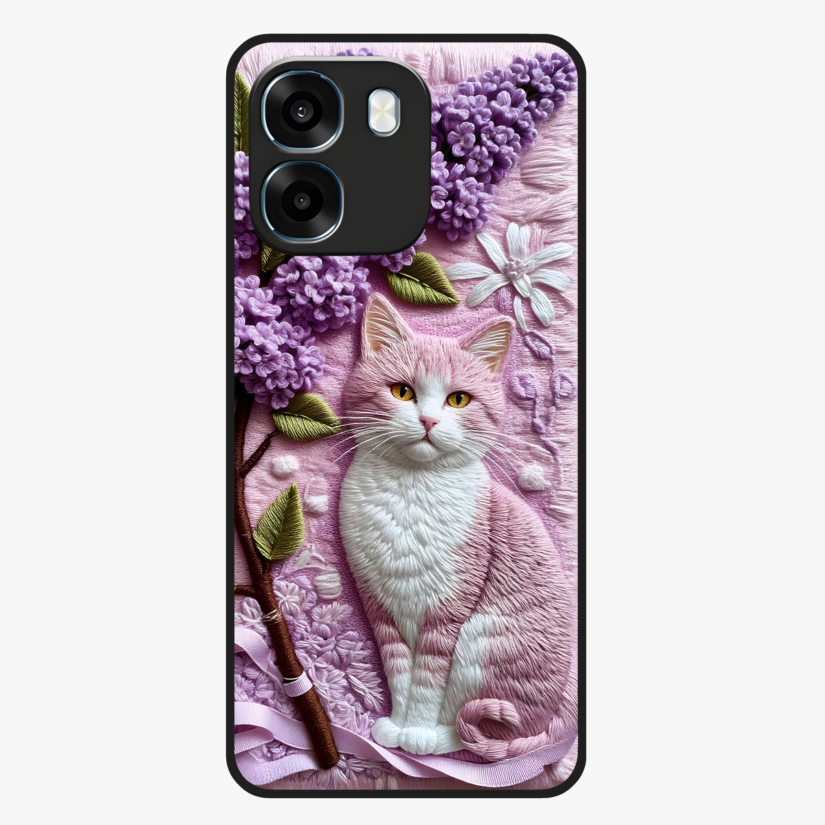 Lavender Cat Whimsy Glass Case showing flat back view with cute lavender cat artwork and glossy glass finish.