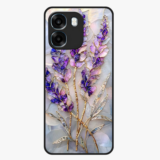 Lavender Dream Glow Glass Case showing flat back view with glowing lavender aesthetic artwork and glossy glass finish.