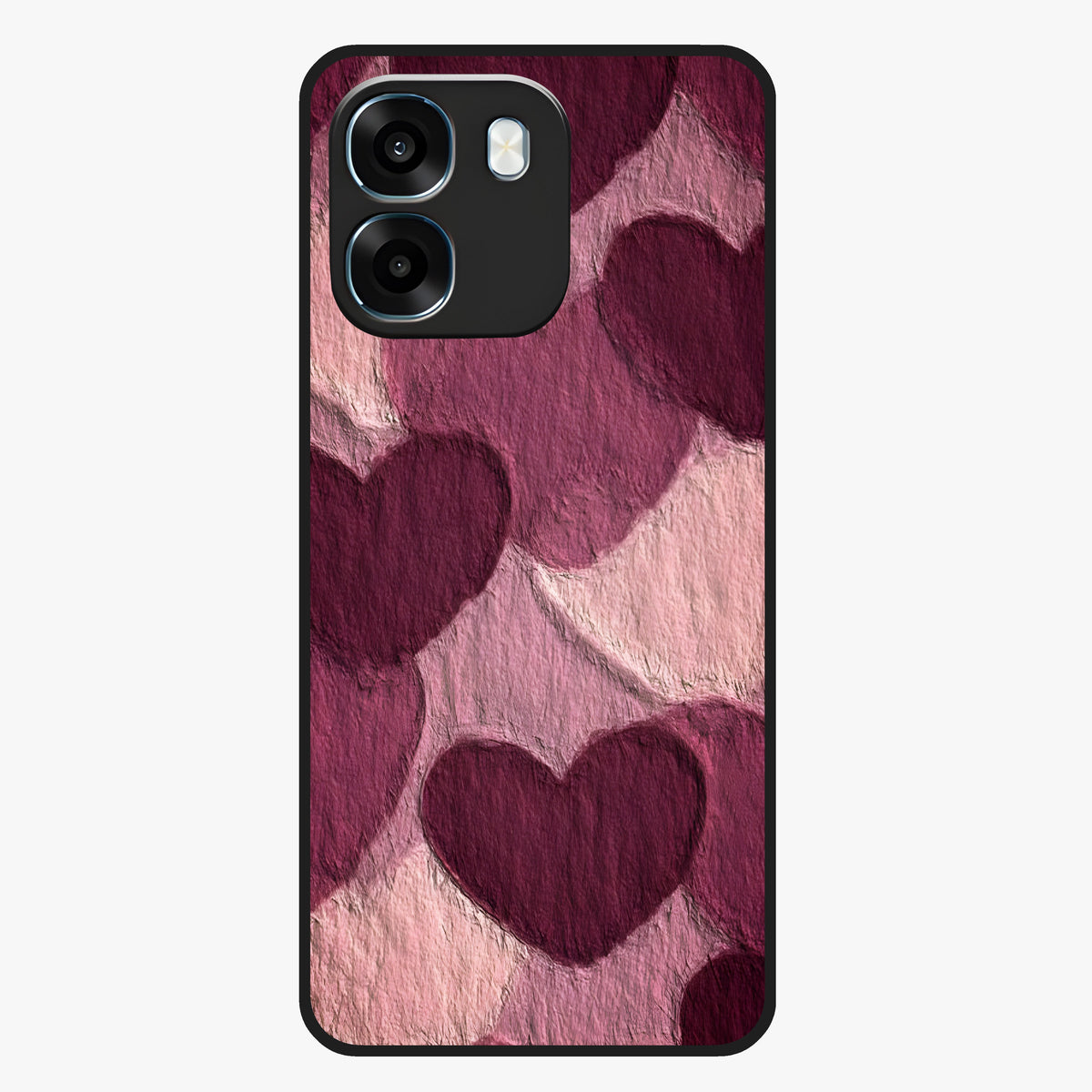 Layered Paper Hearts Glass Case showing flat back view with layered paper heart artwork and glossy glass finish.