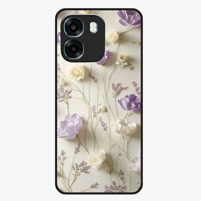 Lilac Breeze Harmony Glass Case showing flat back view with soft lilac themed artwork and glossy glass finish.