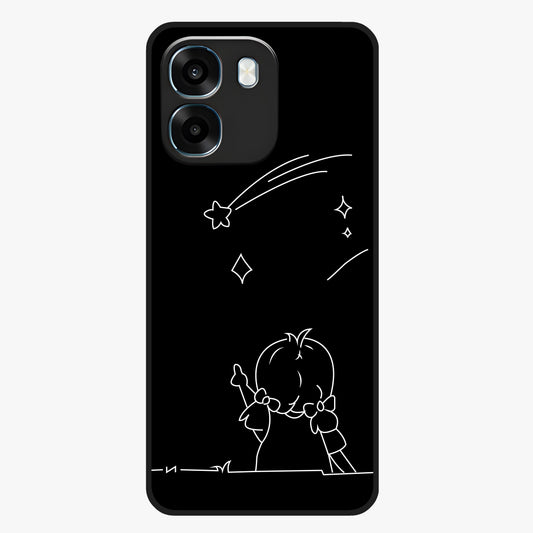 Line Art Girl With Shooting Stars Glass Case showing flat back view with minimal line art girl and shooting stars illustration and glossy glass finish.