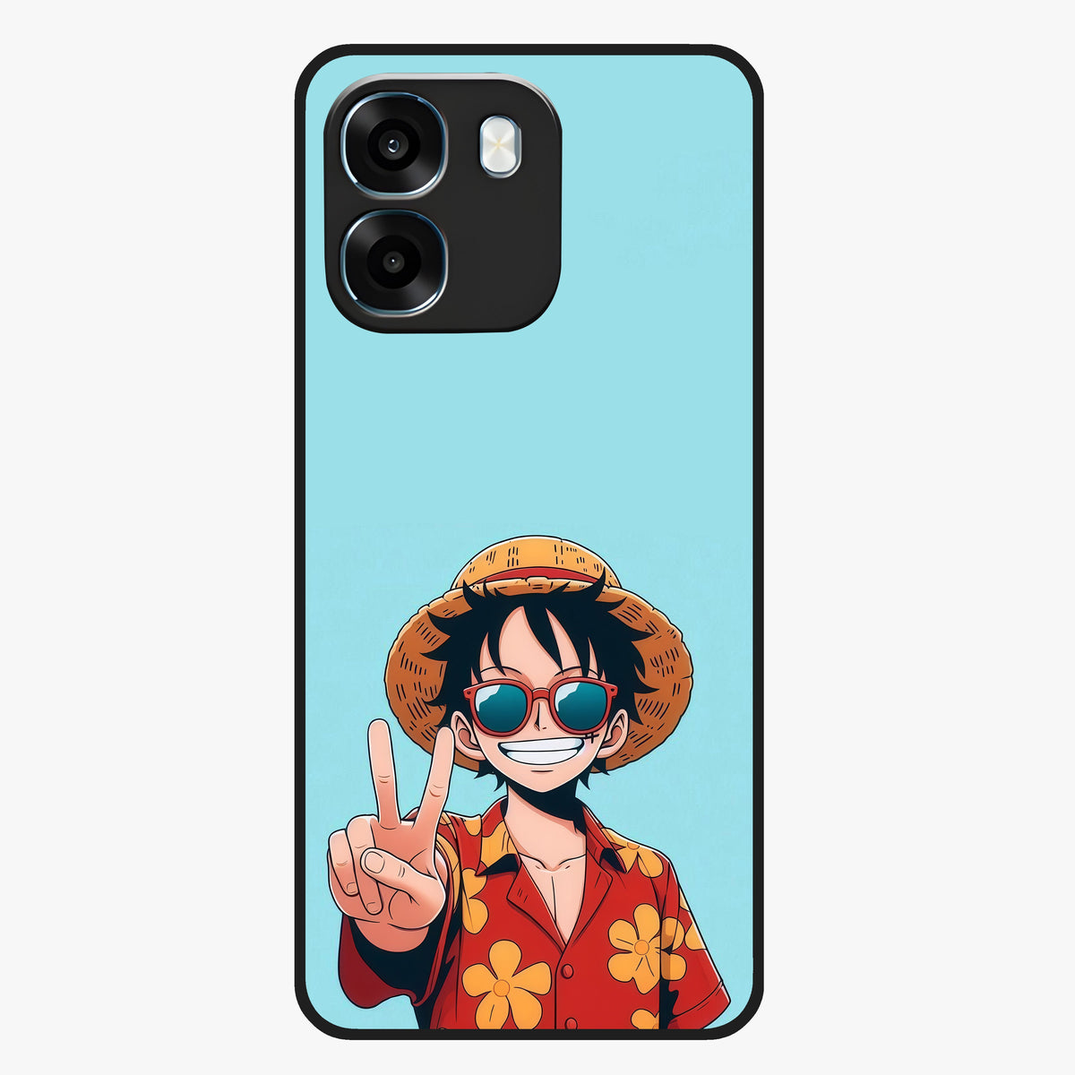 Luffy Summer Anime Vibe Glass Case showing flat back view with vibrant anime character artwork and glossy glass finish.