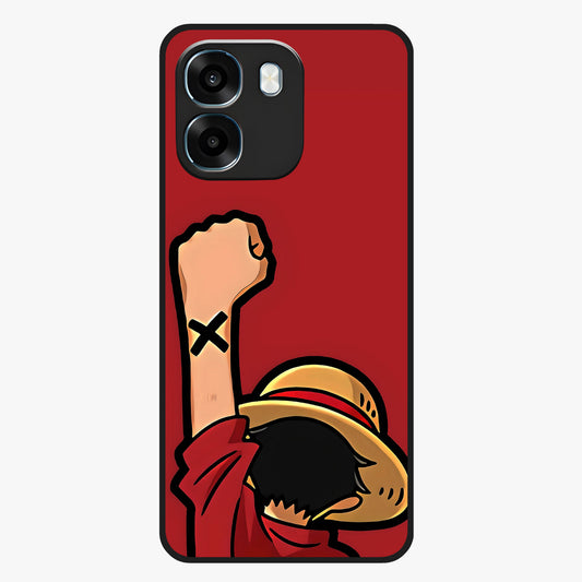Luffy X Spirit Glass Case showing flat back view with bold anime character artwork and glossy glass finish.