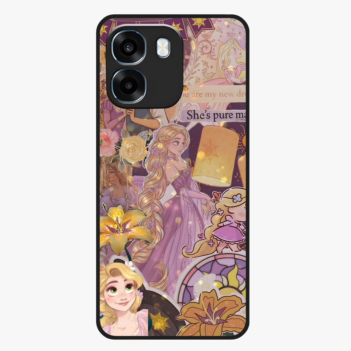 Magical Tangled Dream Glass Case showing flat back view with dreamy tangled artwork and glossy glass finish.