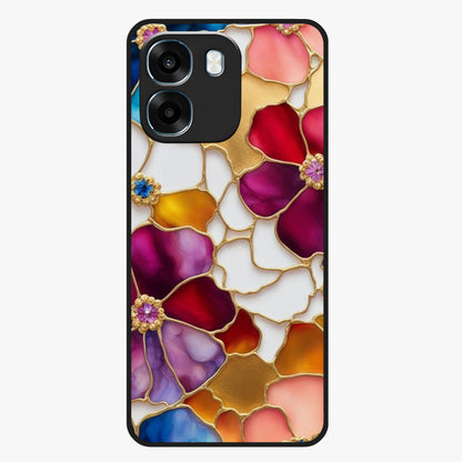 Marble Flower Pattern Glass Case showing flat back view with marble texture floral artwork and glossy glass finish.