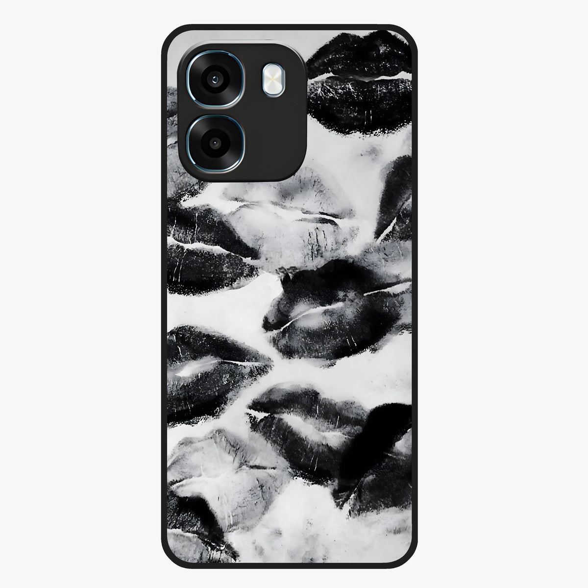 Midnight Kiss Marks Glass Case showing flat back view with lipstick kiss mark artwork and glossy glass finish.