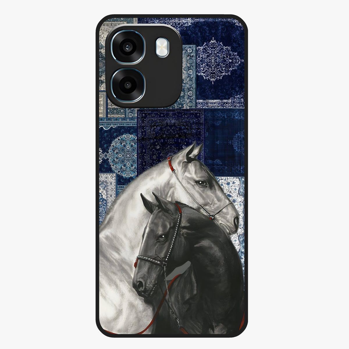 Midnight Stallion Blues Glass Case showing flat back view with majestic horse artwork and glossy glass finish.