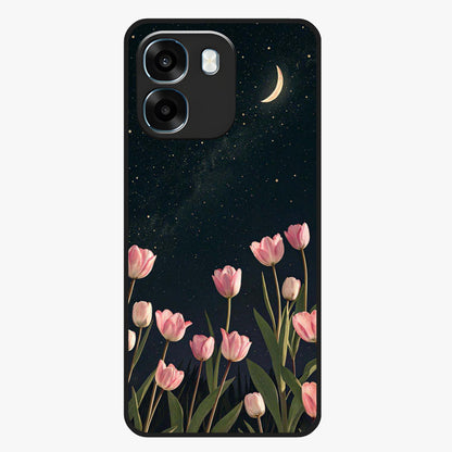 Midnight Tulip Whispers Vibe Glass Case showing flat back view with elegant tulip flower artwork and glossy glass finish.