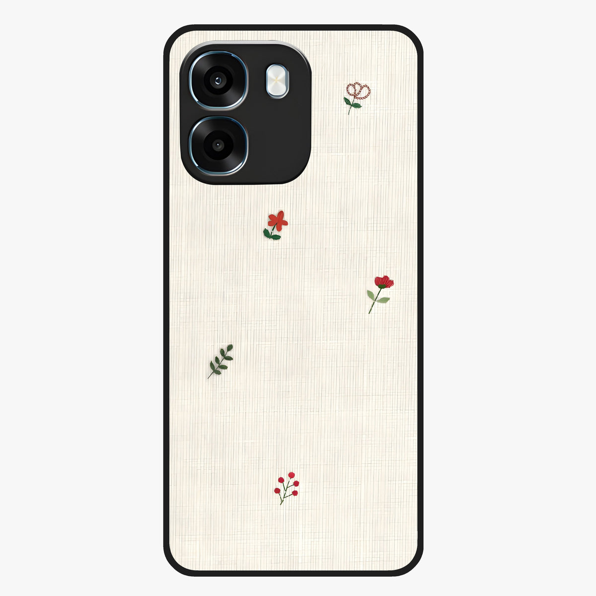 Minimal Petal Whispers Glass Case showing flat back view with soft minimal floral artwork and glossy glass finish.
