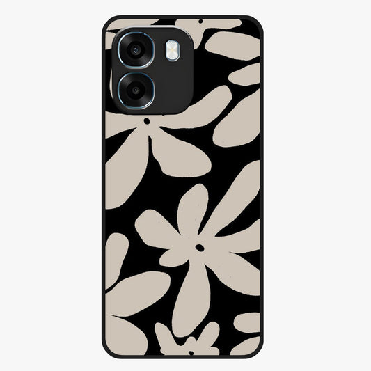 Monochrome Petal Dance Glass Case showing flat back view with monochrome floral artwork and glossy glass finish.