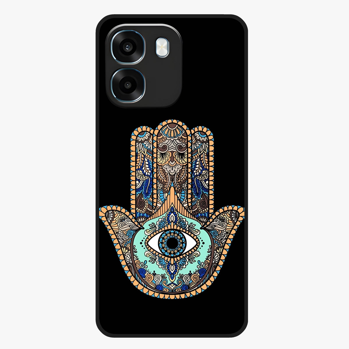 Mystic Hamsa Eye Glass Case showing flat back view with protective hamsa hand and evil eye artwork and glossy glass finish.