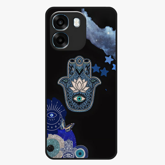 Mystic Hand Aura Glass Case showing flat back view with mystical hand symbol artwork and glossy glass finish.