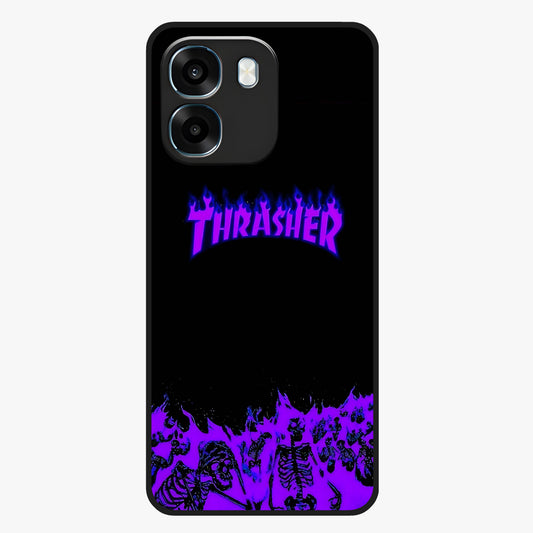 Neon Flame Riot Glass Case showing flat back view with neon flame artwork and glossy glass finish.