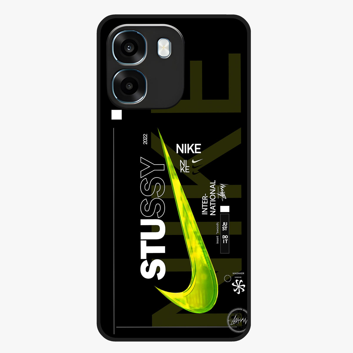 Neon Street Edition Glass Case showing flat back view with neon street style artwork and glossy glass finish.