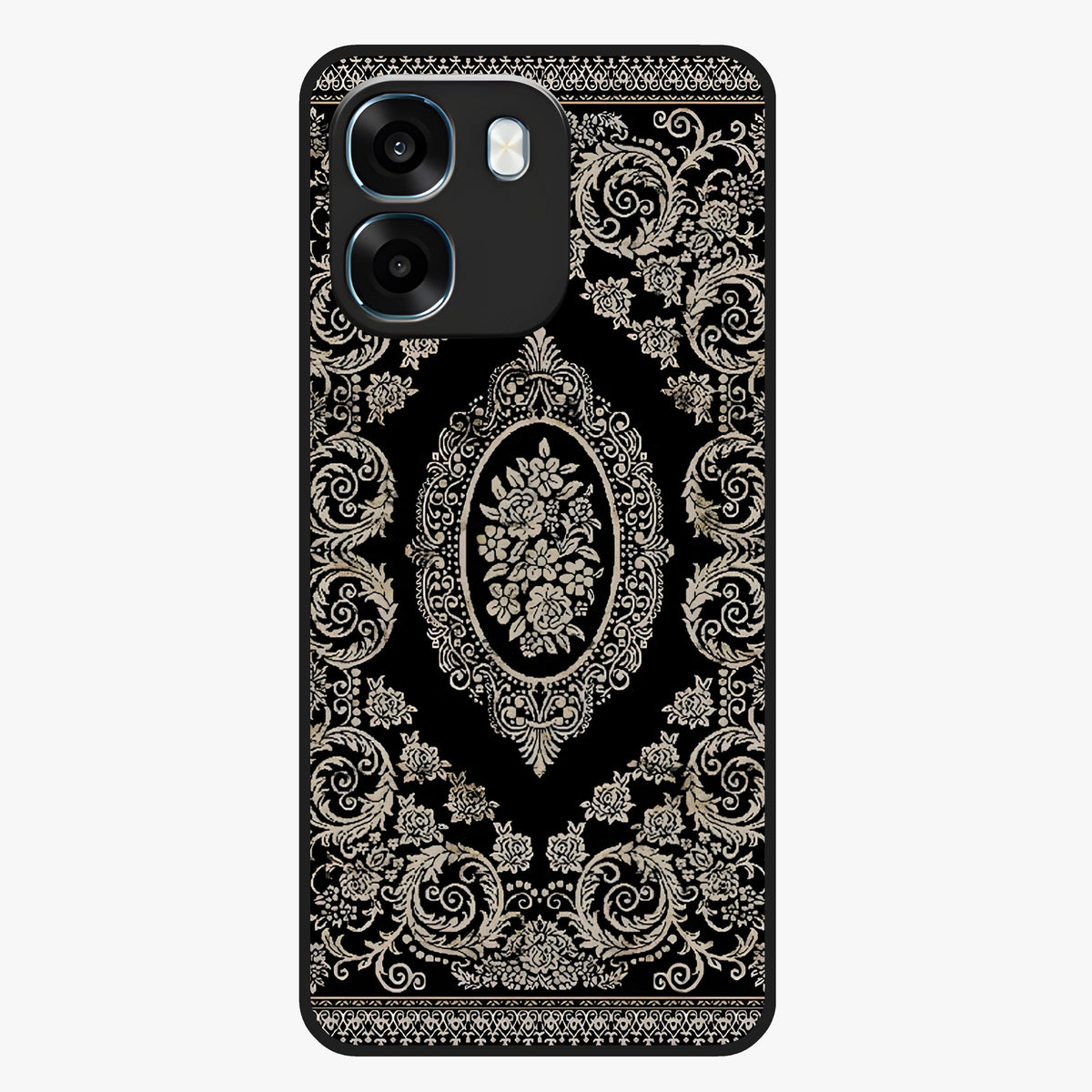 Noir Bloom Elegance Glass Case showing flat back view with elegant dark floral artwork and glossy glass finish.