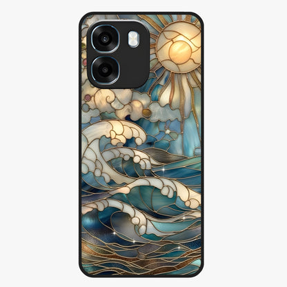 Oceanic Stained Printed Glass Case showing flat back view with ocean inspired stained pattern artwork and glossy glass finish.