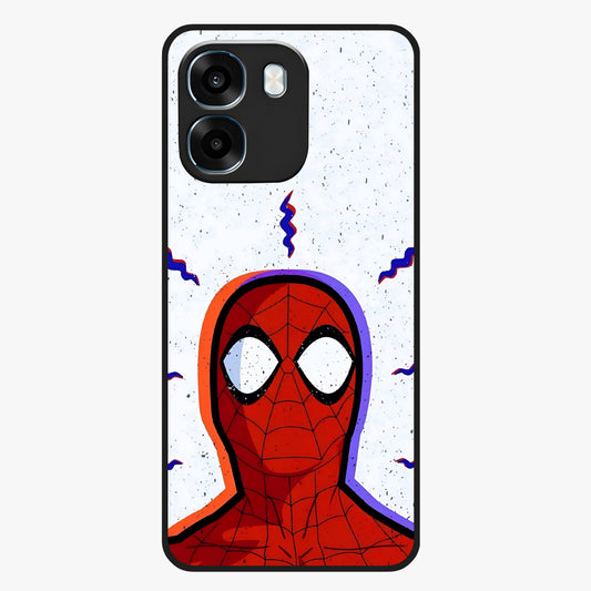 Omg Spiderman Glass Case showing flat back view with bold superhero inspired artwork and glossy glass finish.