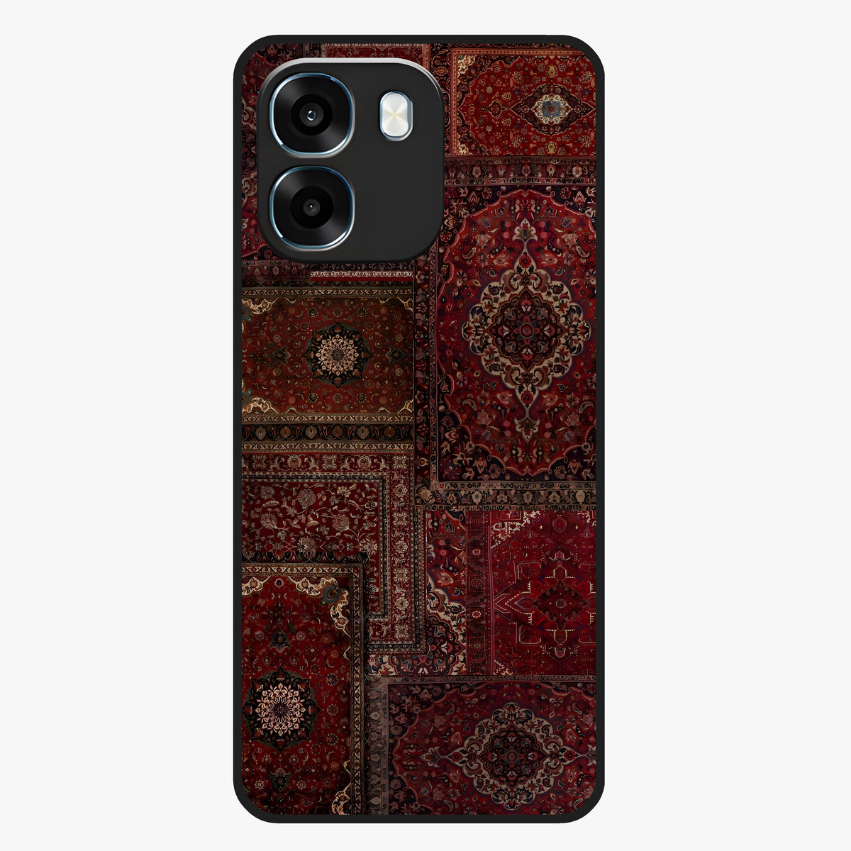 Persian Velvet Tale Glass Case showing flat back view with luxurious Persian velvet pattern artwork and glossy glass finish.