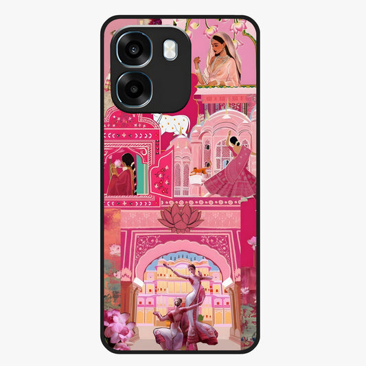 Pink Palace Muse Glass Case showing flat back view with elegant palace inspired artwork and glossy glass finish.