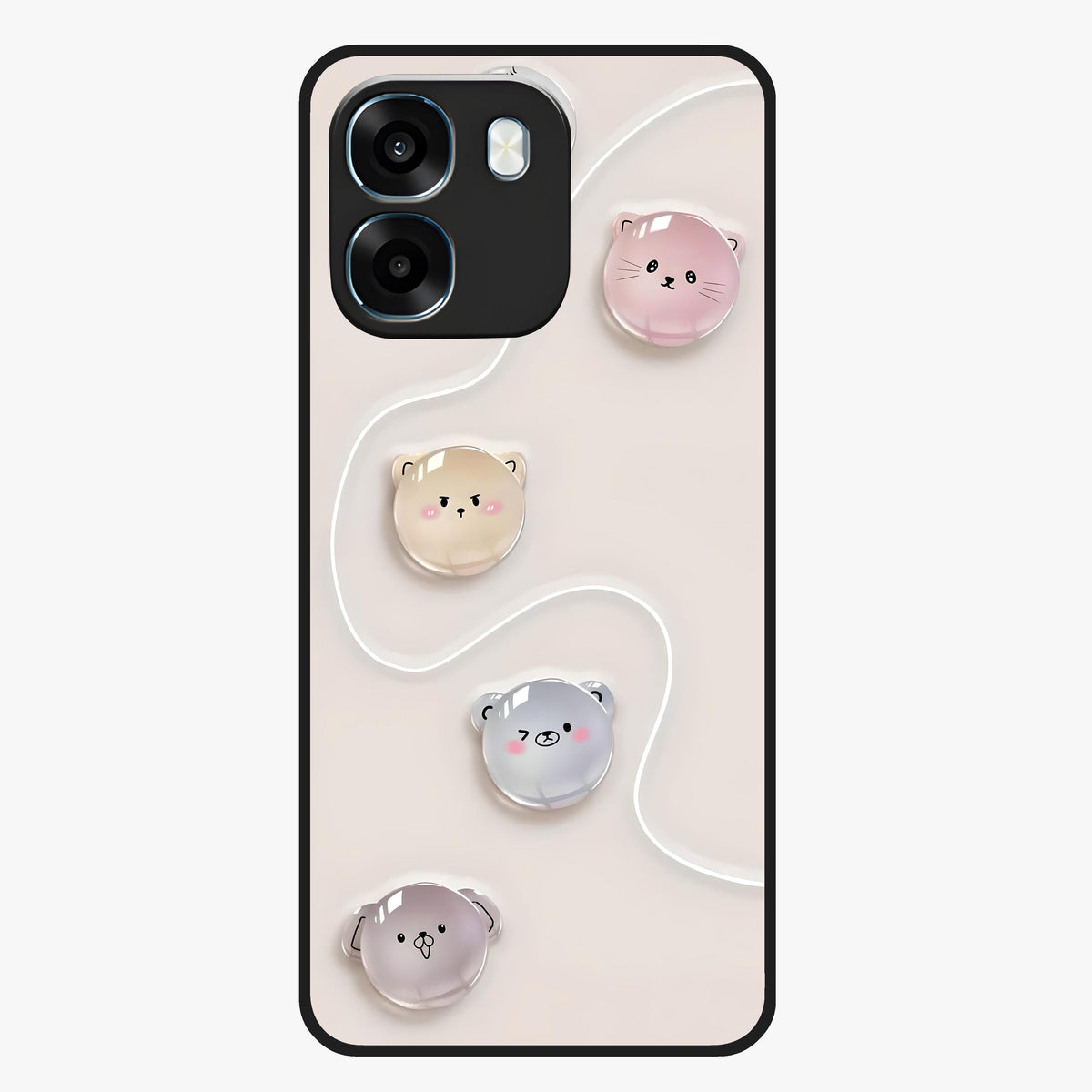 Puffy Face Parade Glass Case showing flat back view with cute puffy character faces artwork and glossy glass finish.