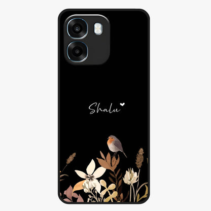 Quiet Garden Tune Custom Name Glass Case showing flat back view with peaceful garden artwork and personalized name design.