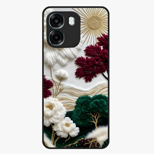 Radiant Bloom Elegance Glass Case showing flat back view with elegant blooming flower artwork and glossy glass finish.