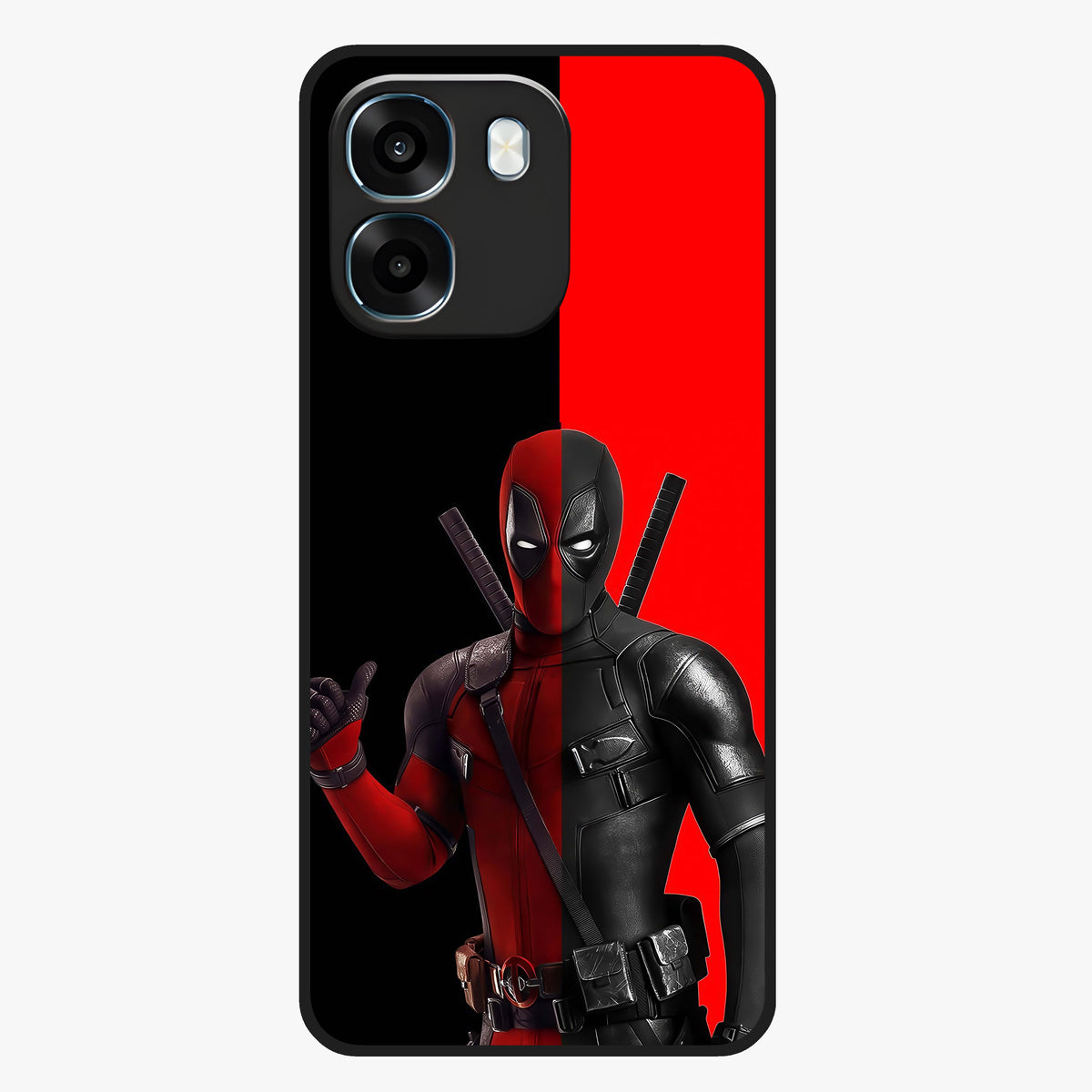 Red & Black Deadpool Theme Glass Case showing flat back view with bold comic inspired artwork and glossy glass finish.