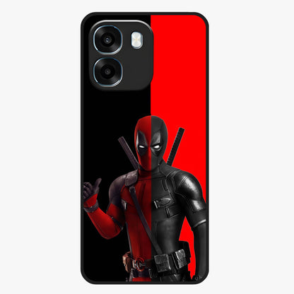 Red & Black Deadpool Theme Glass Case showing flat back view with bold comic inspired artwork and glossy glass finish.