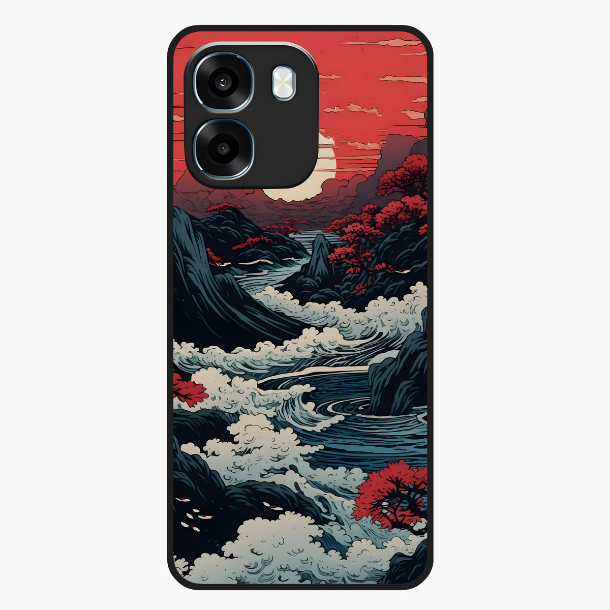 Red Sunset Scenery Glass Case showing flat back view with vibrant sunset landscape artwork and glossy glass finish.