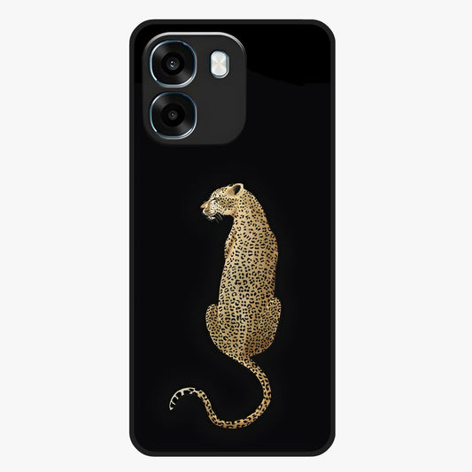 Regal Leopard Glass Case showing flat back view with bold leopard artwork and glossy glass finish.