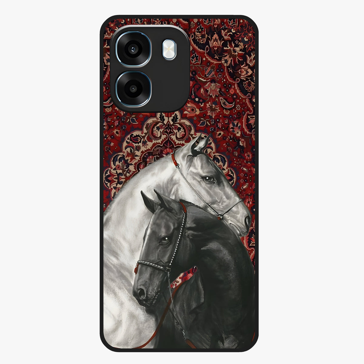 Regal Stallion Tapestry Glass Case showing flat back view with majestic horse tapestry artwork and glossy glass finish.