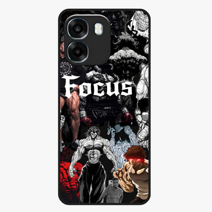 Relentless Power Focus Glass Case showing flat back view with motivational typography artwork and glossy glass finish.