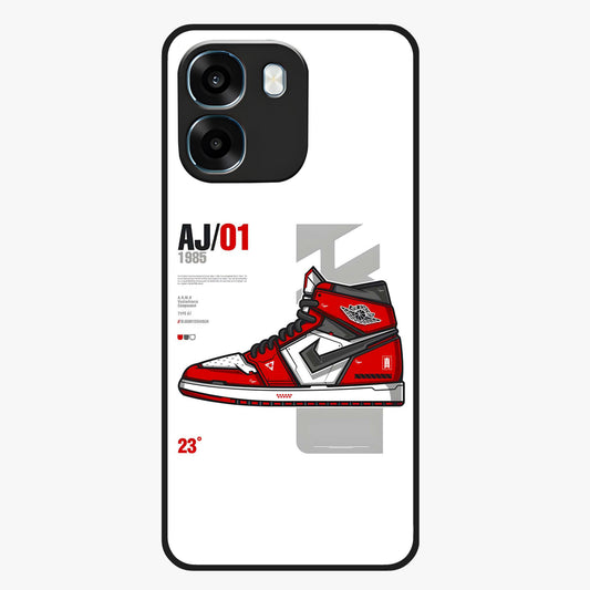 Retro Sneaker Blueprint Glass Case showing flat back view with sneaker blueprint style artwork and glossy glass finish.