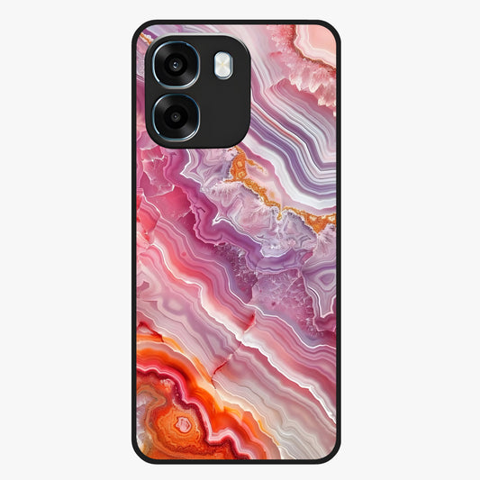 Rose Quartz Marble Glass Case showing flat back view with pink marble quartz texture artwork and glossy glass finish.