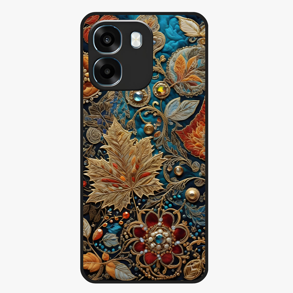 Royal Jewel Garden Glass Case showing flat back view with decorative floral garden artwork and glossy glass finish.