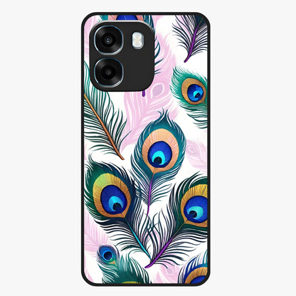 Royal Peacock Feathers Glass Case showing flat back view with colorful peacock feather artwork and glossy glass finish.