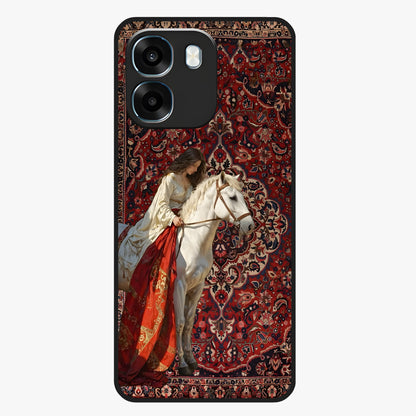 Royal Rider Tapestry Glass Case showing flat back view with majestic horse rider tapestry artwork and glossy glass finish.